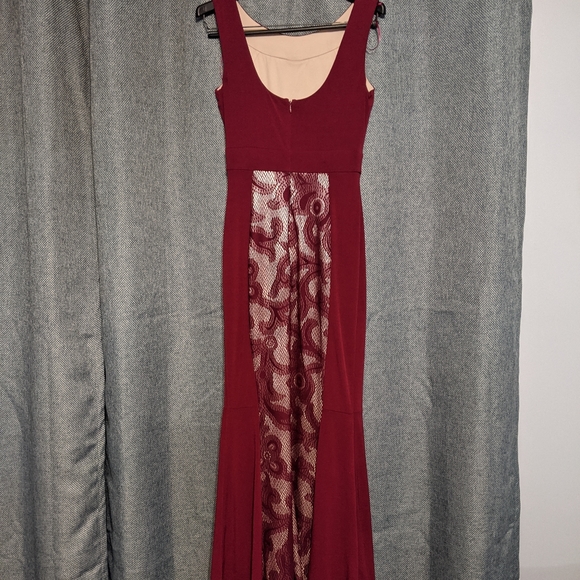 Sangria Sleeveless Burgundy Mesh Lace Panel Gown - Picture 2 of 7